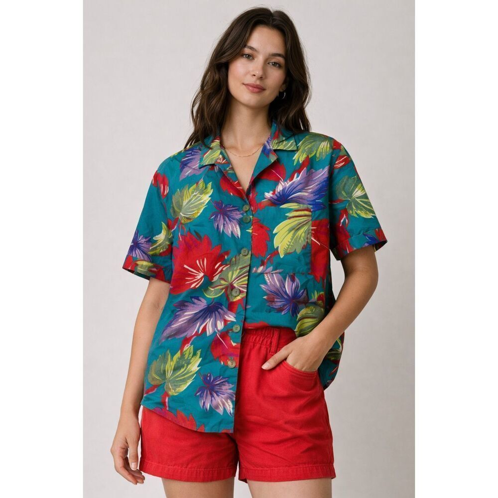 Vintage Rue du Reve Floral Hawaiian Shirt Womens Medium USA Made
